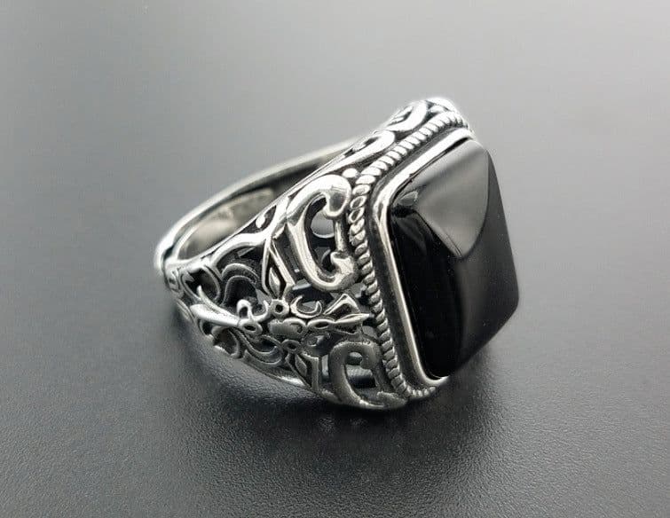 image-S925 Sterling Silver Men's Agate Ring
