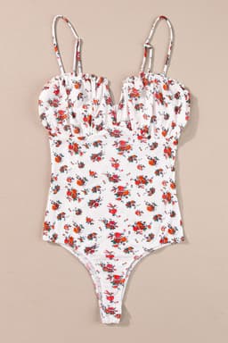 image-White Floral V-Neck Bodysuit Spaghetti Straps