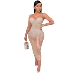 image-Women's Mesh Dress - Diamond Embellished U-Neck Midi