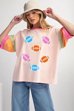 image-Rugby Chenille Embroidered Color Block T-Shirt - Pink