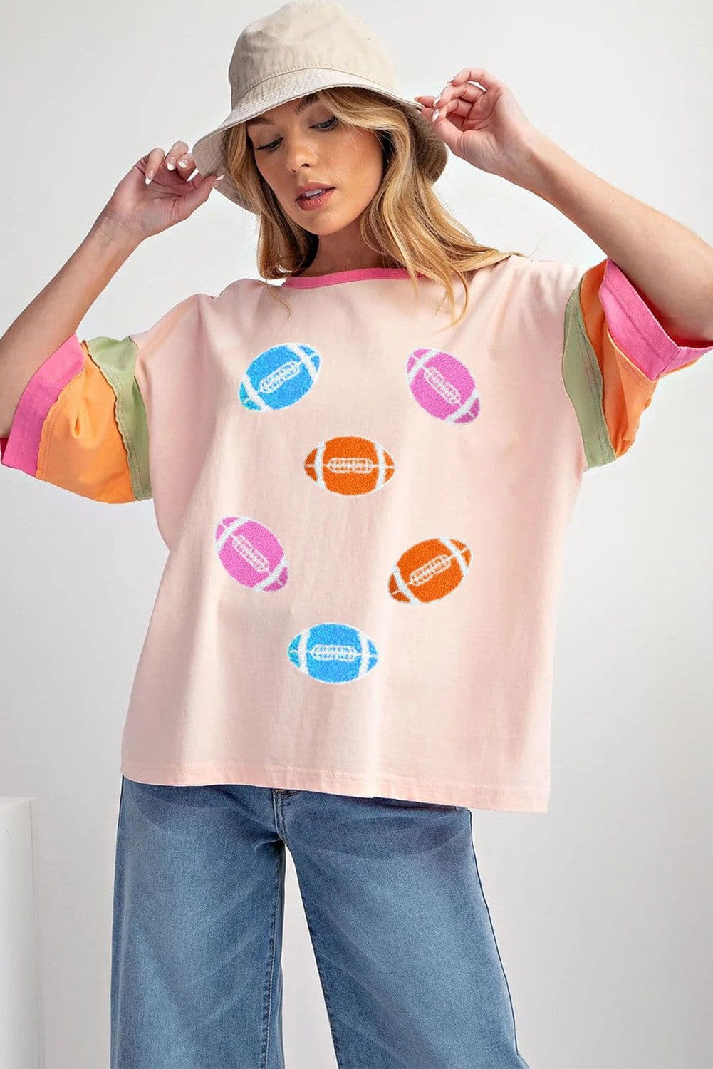 image-Rugby Chenille Embroidered Color Block T-Shirt - Pink
