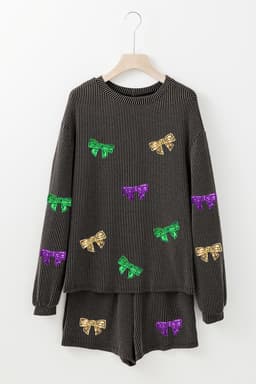 image-Carbon Grey Bowknot Patched Pattern Corded Long Sleeve Top and Shorts Outfit