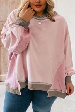 image-Light Pink Plus Color Block Waffle Sweatshirt