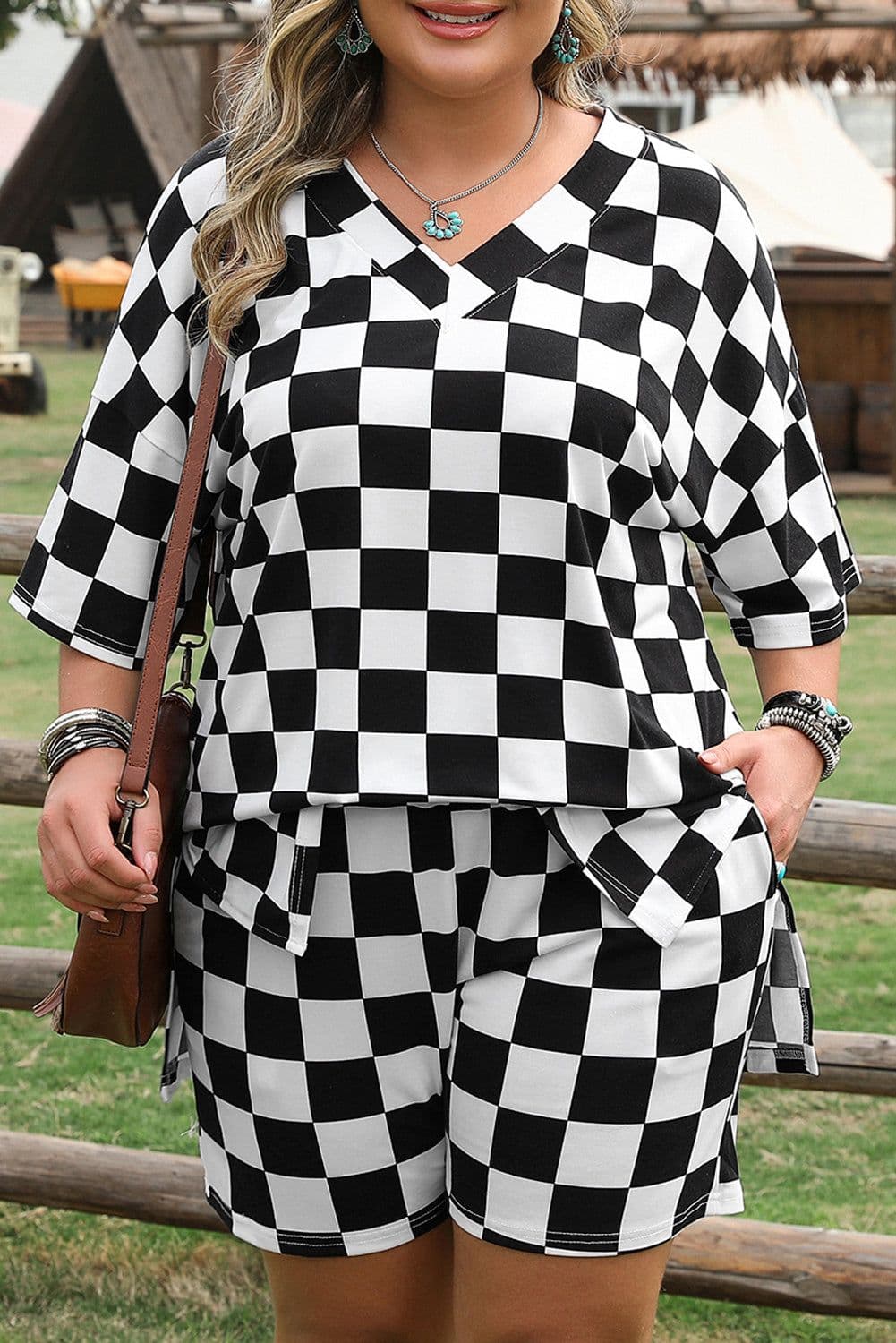 image-Plus Size Black Checkered Tee and Shorts Set - Two Piece