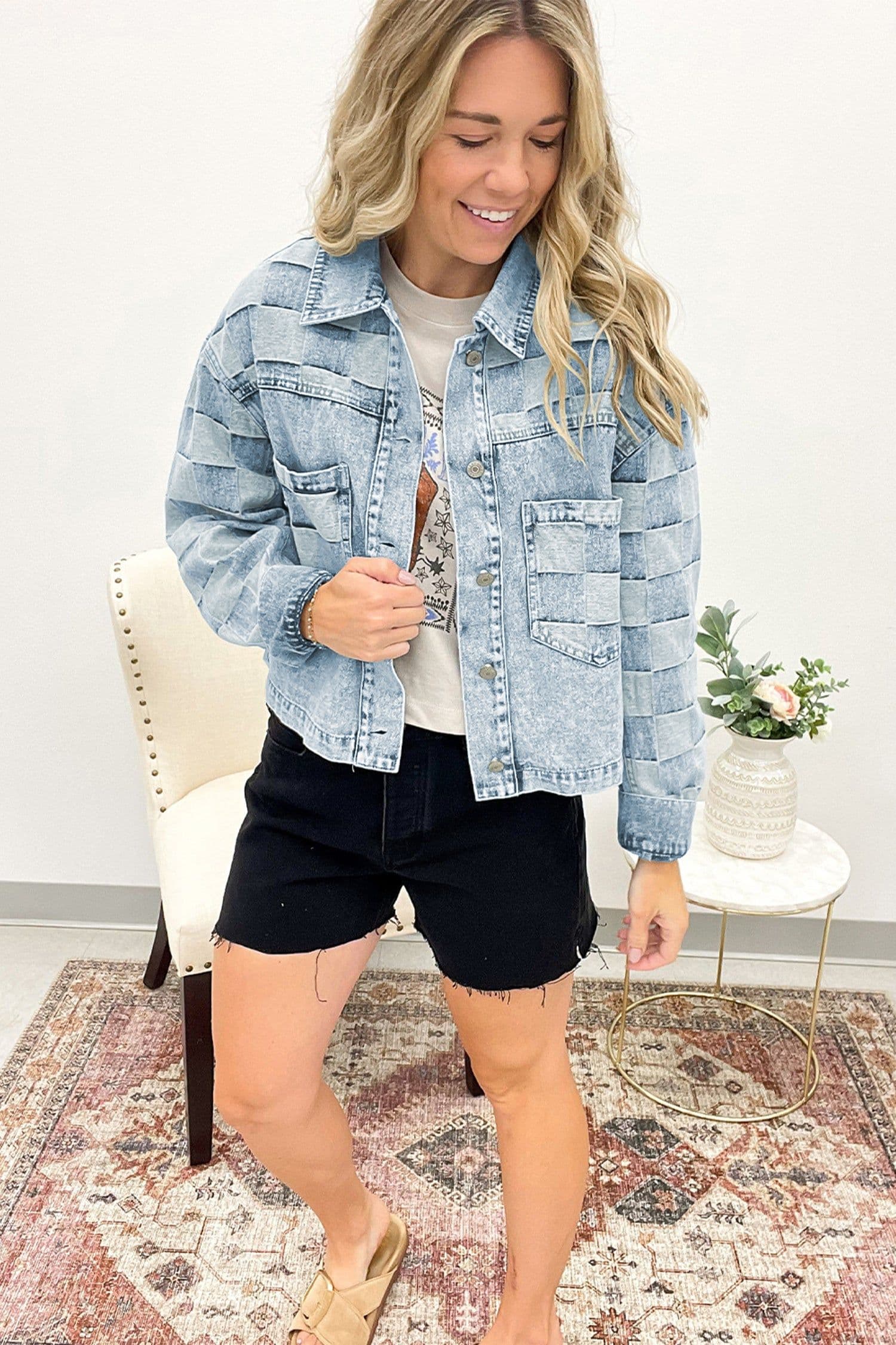 image-Beau Blue Denim Checkered Patchwork Jacket