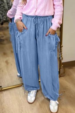 image-Beau Blue Drawstring Elastic Waist Pocketed Loose Denim Pants