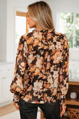 image-Black Floral V Neck Long Puff Sleeve Blouse