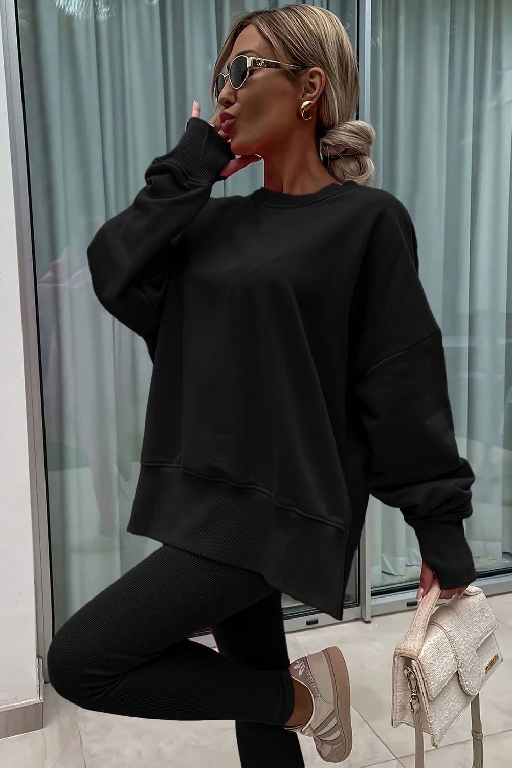 image-Black Solid Color Oversize Slit Sweatshirt Ribbed Leggings 2pcs Set