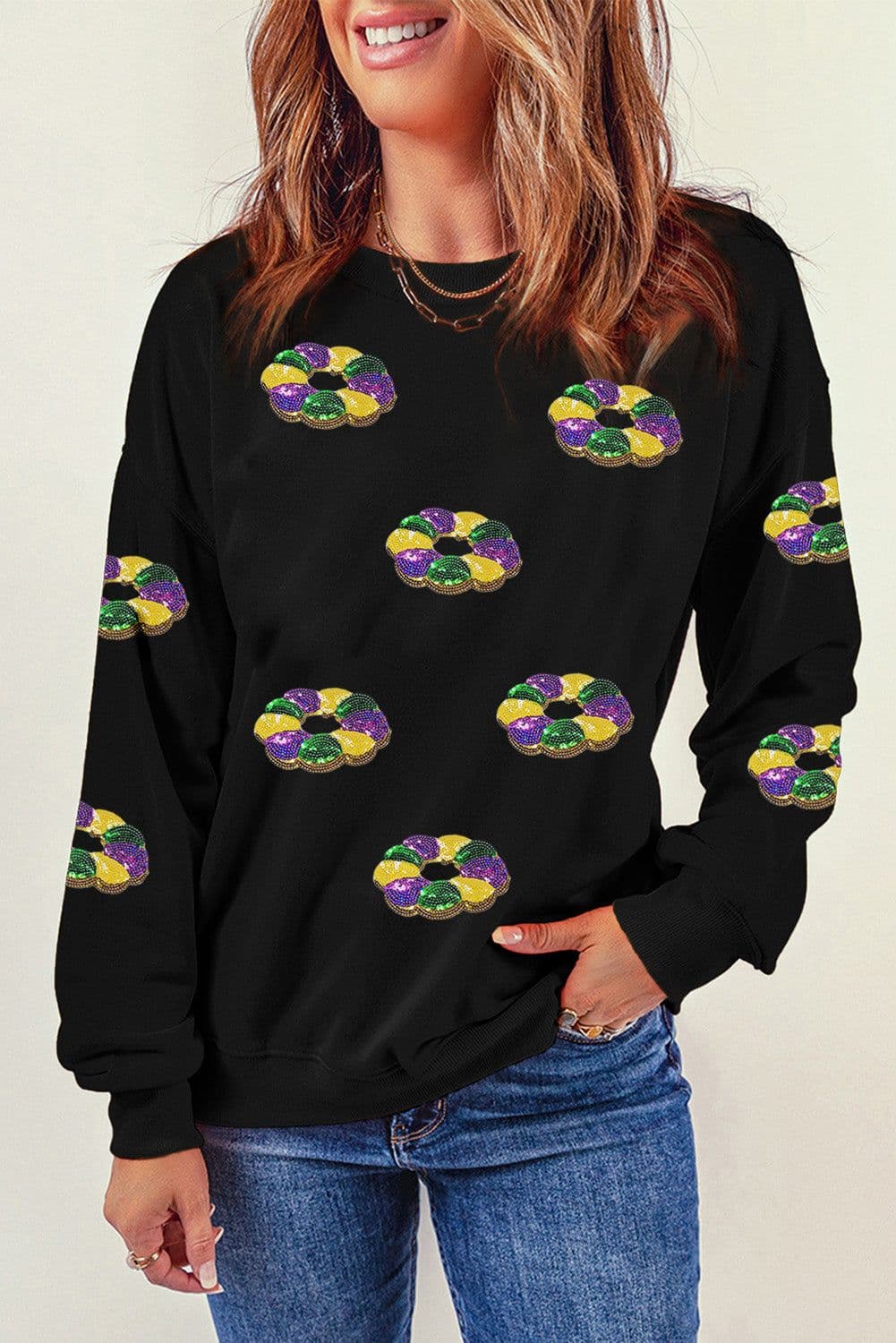 image-Black Sequined Donuts Drop Shoulder Sweatshirt