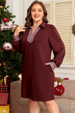 image-Coffee Plaid Patchwork Collared Mini Shift Dress Plus