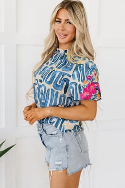 image-Beige Embroidered Puff Sleeve Top with Frilled Neck (54 characters)