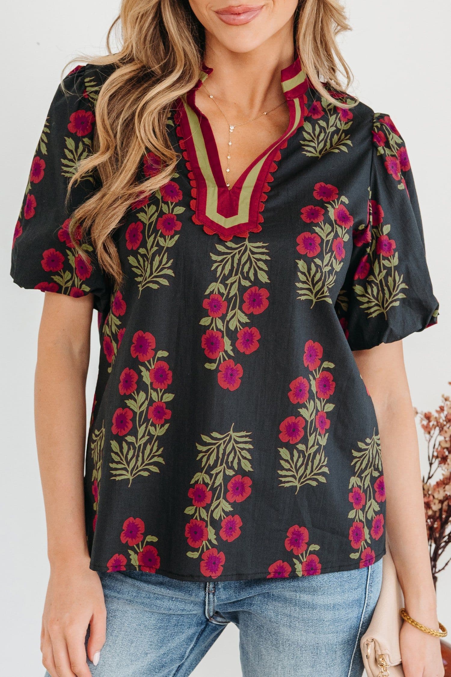 image-White Floral Blouse - Short Puff Sleeve Contrast