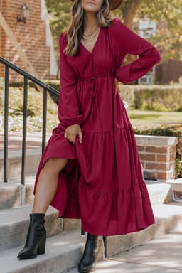 image-Burgundy Solid Long Sleeve Button V Neck Tiered Maxi Dress