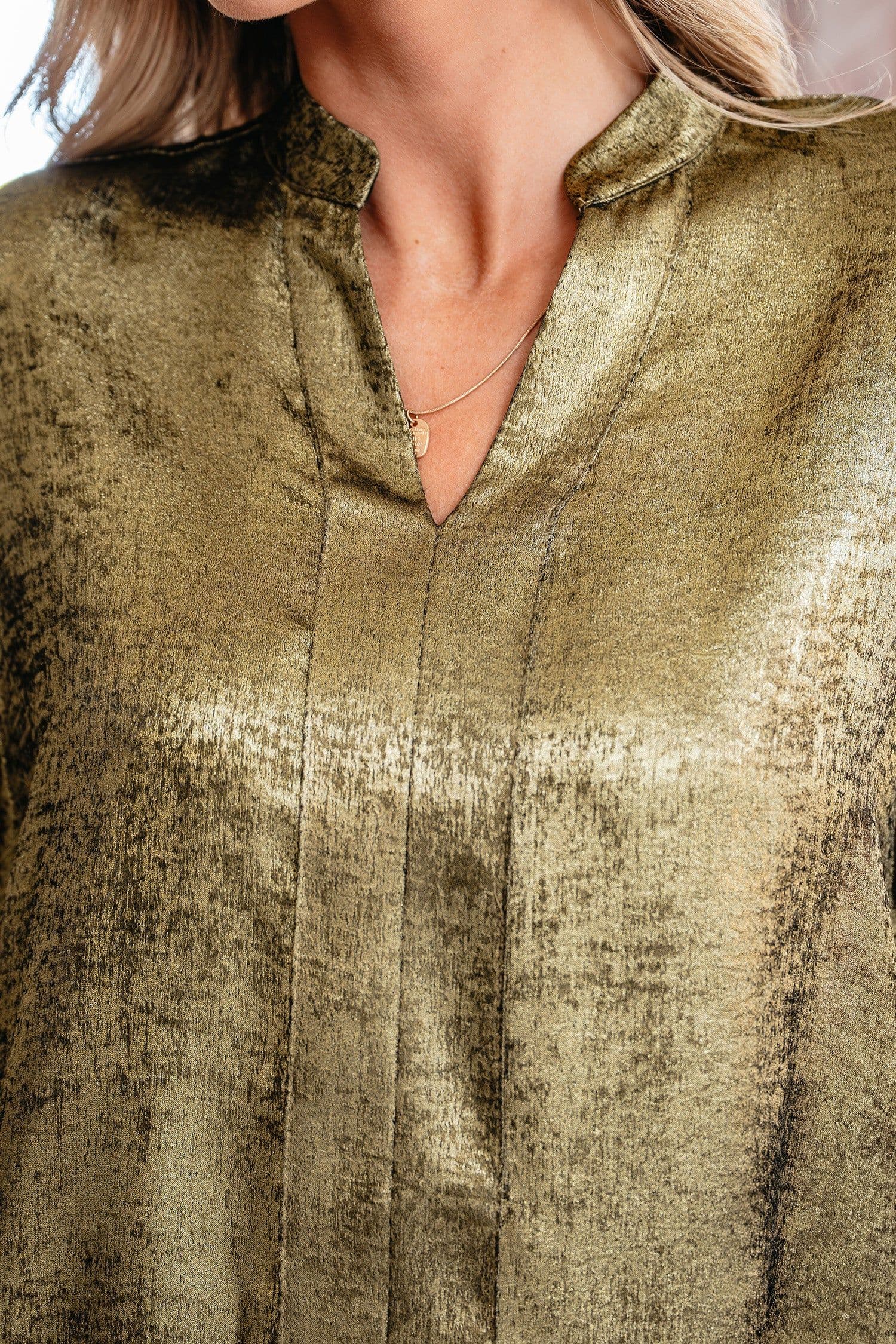 image-Gold Metallic Split Neck Half Sleeve Blouse