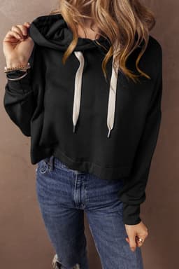 image-Dark Blue Cropped Hoodie Drop Shoulder Drawstring