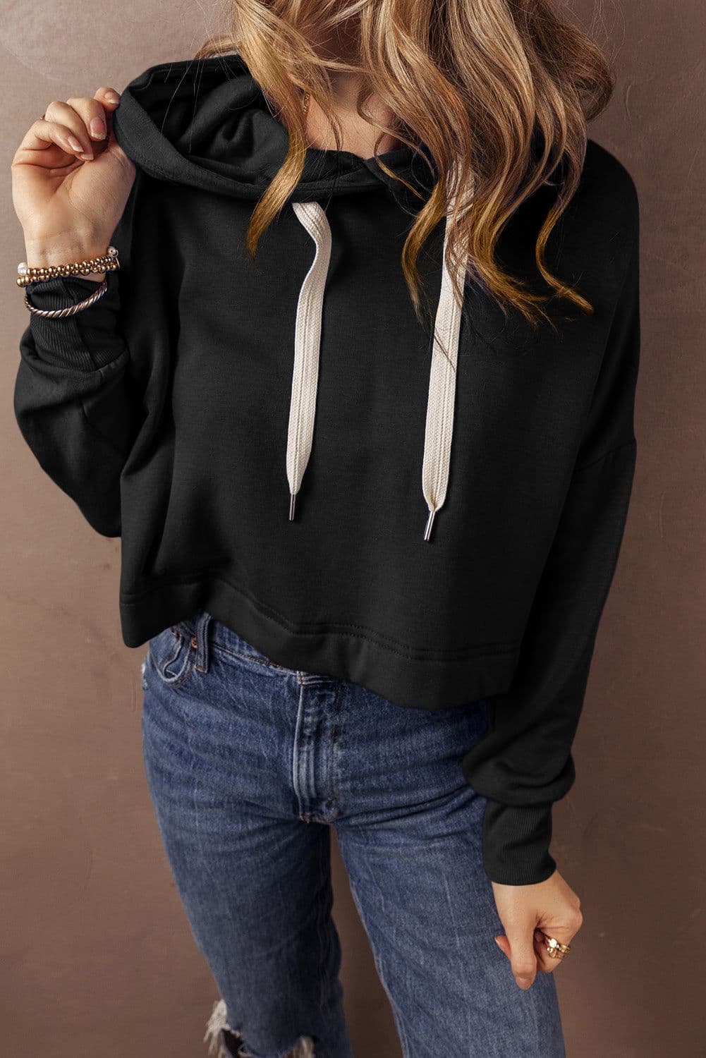 image-Dark Blue Cropped Hoodie Drop Shoulder Drawstring