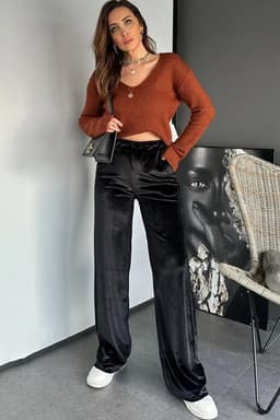 image-Black Shiny Velvet Drawstring High Waist Straight Leg Casual Pants
