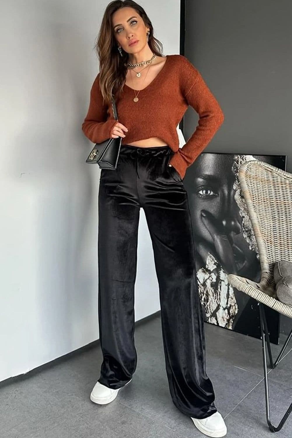 image-Black Shiny Velvet Drawstring High Waist Straight Leg Casual Pants