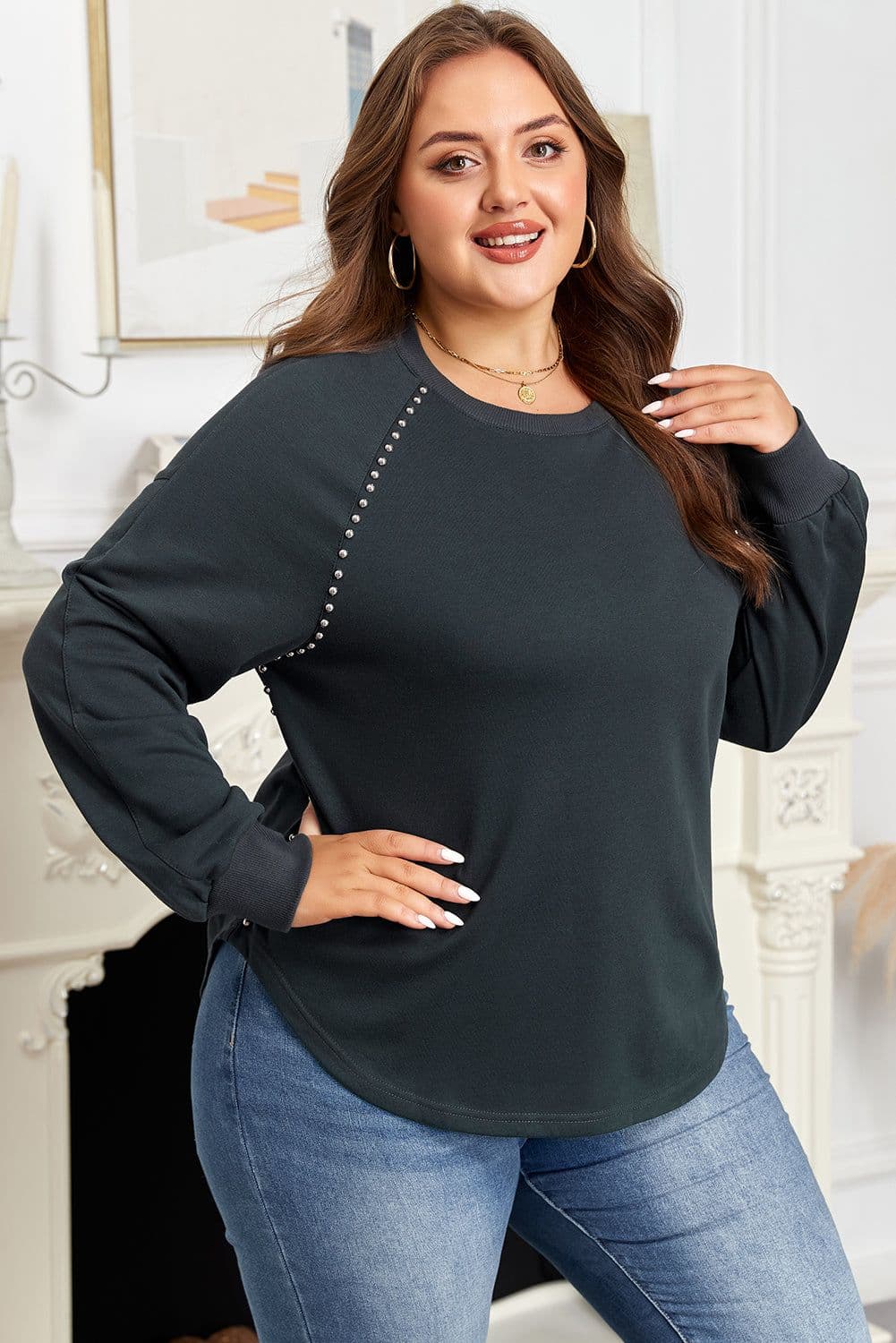 image-Black Studded Decor Ribbed Edge Mineral Wash Plus Size Jumper
