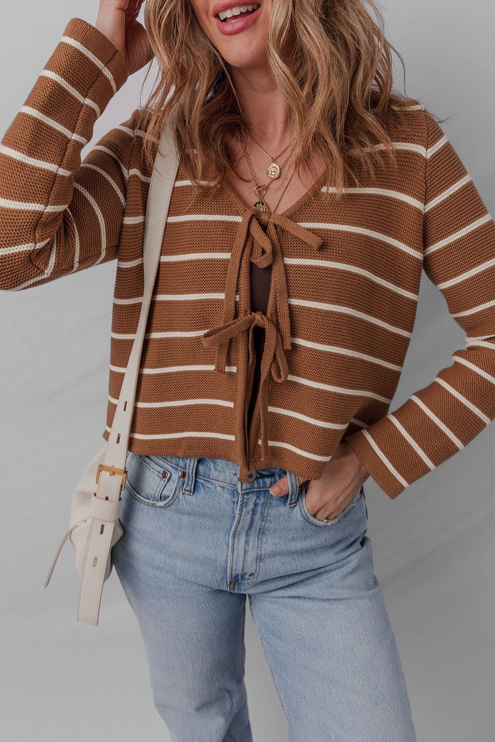 image-Chestnut Tie Front Striped Knit Cardigan V Neck