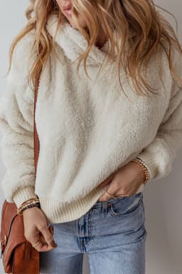 image-Contrast Ribbed Edge Plush Hoodie - White