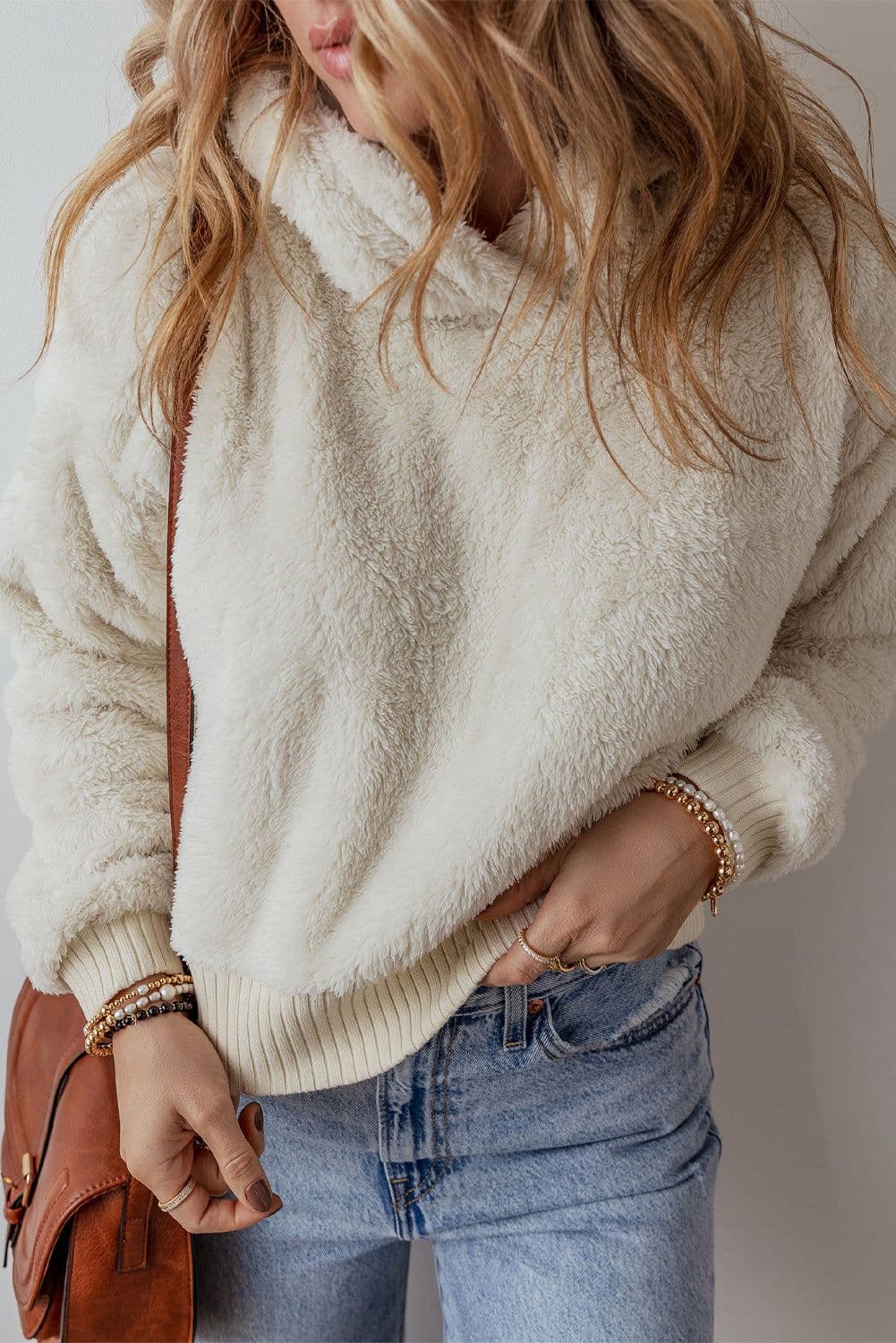 image-Contrast Ribbed Edge Plush Hoodie - White