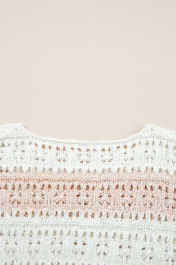image-Pink Hollow-out Colorblock Drop Shoulder Casual Sweater