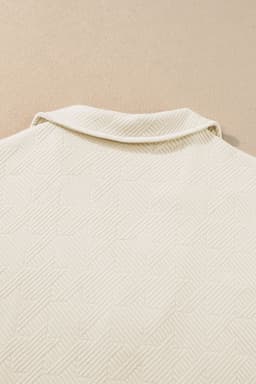 image-White Textured V Neck Collared Short Sleeve Top