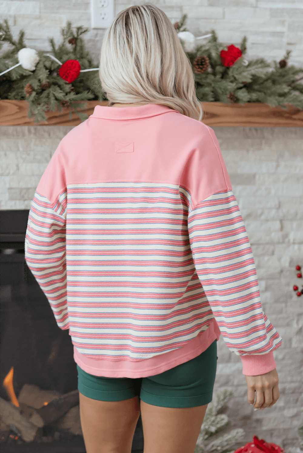 image-Red Stripe V-Neck Collared Button Top - Drop Shoulder