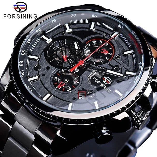 image-Forsining Three Dial Calendar Stainless Steel Men Mechanical Automatic Wrist Watches Top Brand Luxury Military Sport Male Clock