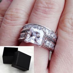 image-New Style Charm Couple Rings His Her Silver Color Princess Cut CZ Anniversary Promise Wedding Engagement Ring Sets