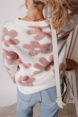 image-White Textured Flower Drop Shoulder Loose Sweater