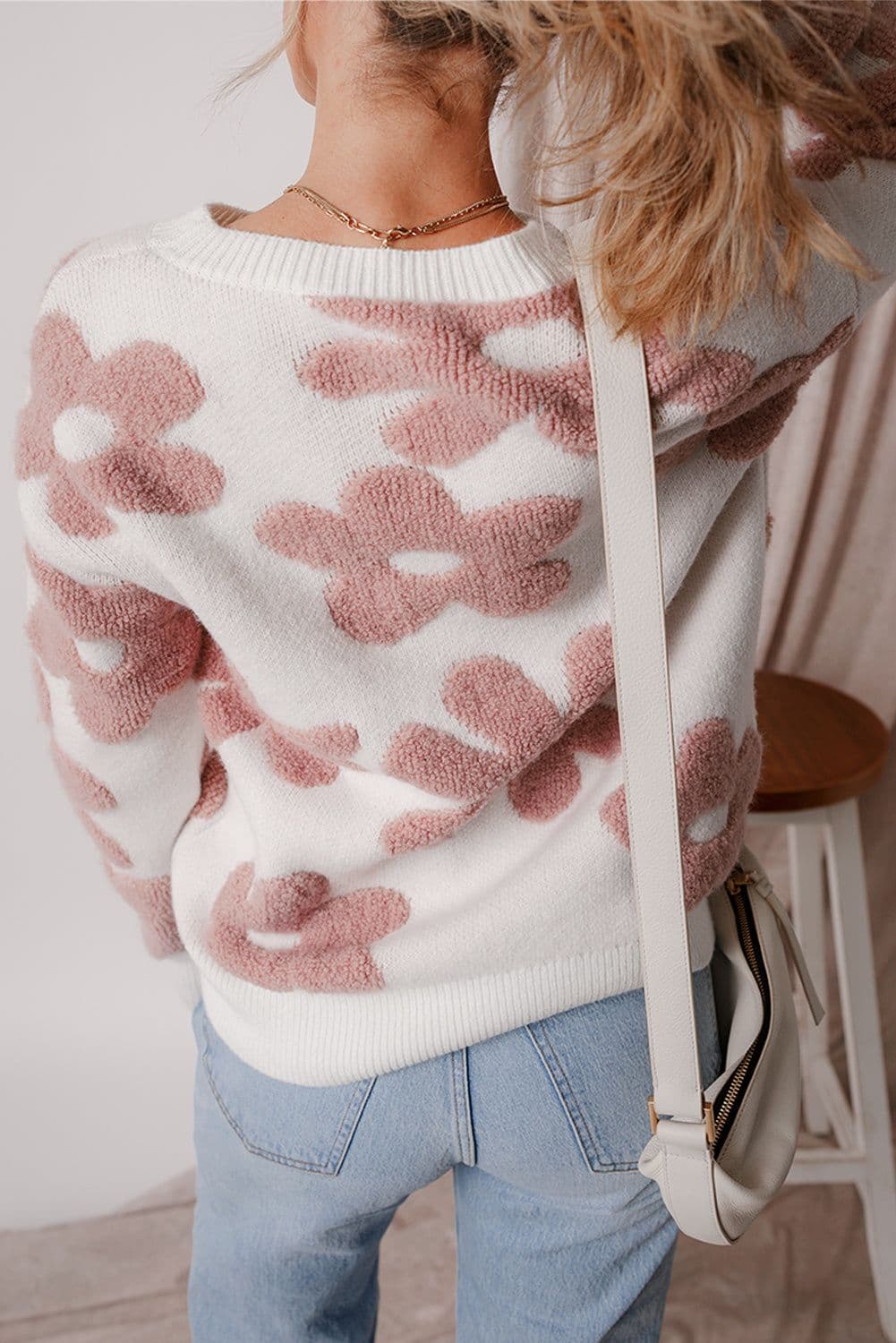 image-White Textured Flower Drop Shoulder Loose Sweater