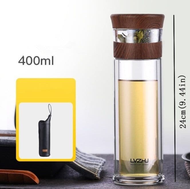 image-400ml Portable Double Wall Borosilica Glass Tea Infuser Bottle Of Water With Lid Filter Automobile Car Cup