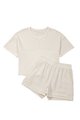 image-Jet Stream Solid Color Contrast Textured Patchwork Raw Edge 2pcs Short Set