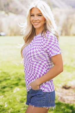 image-Khaki Checkered Print Mesh T Shirt