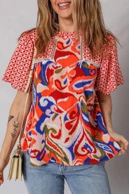 image-Red Paisley Geometric Patchwork Puff Sleeve Blouse