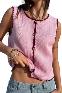 image-Pink Contrast Trim Buttoned Sweater Vest