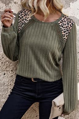 image-Moss Green Leopard Print Crochet Knit Top - Rib Texture