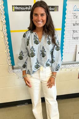 image-Beau Floral Striped Long Sleeve V Neck Blouse - Blue