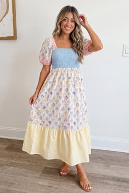 image-Floral Patchwork Long Dress - Square Neck Smocked Bodice