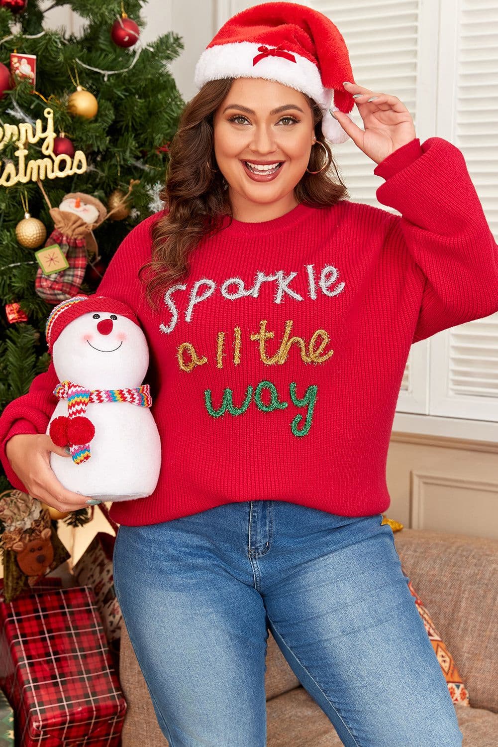 image-Racing Red Tinsel Crew Neck Sweater - Plus Size