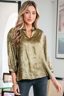 image-Gold Metallic Split Neck Half Sleeve Blouse