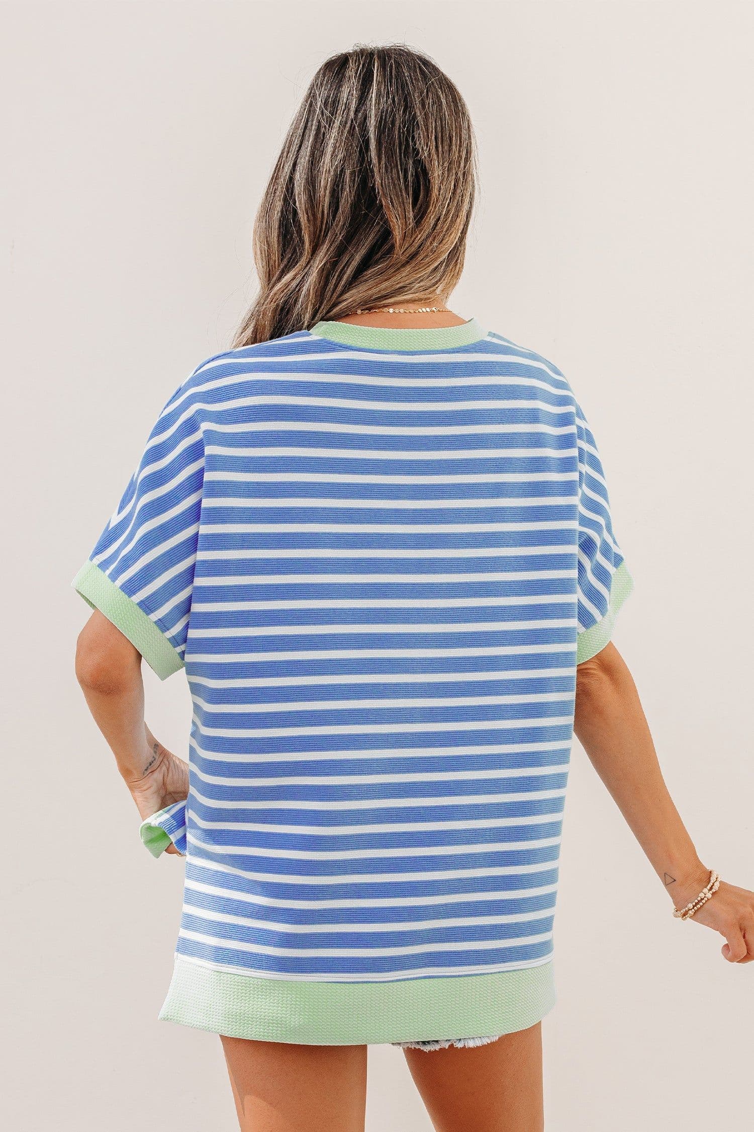 image-Sky Blue Stripe Top - Loose Short Sleeve Contrast Trim - Sizes Available