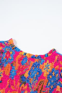 image-Floral Print Smocked Ruffle Trim Sleeve Blouse - Rose Red