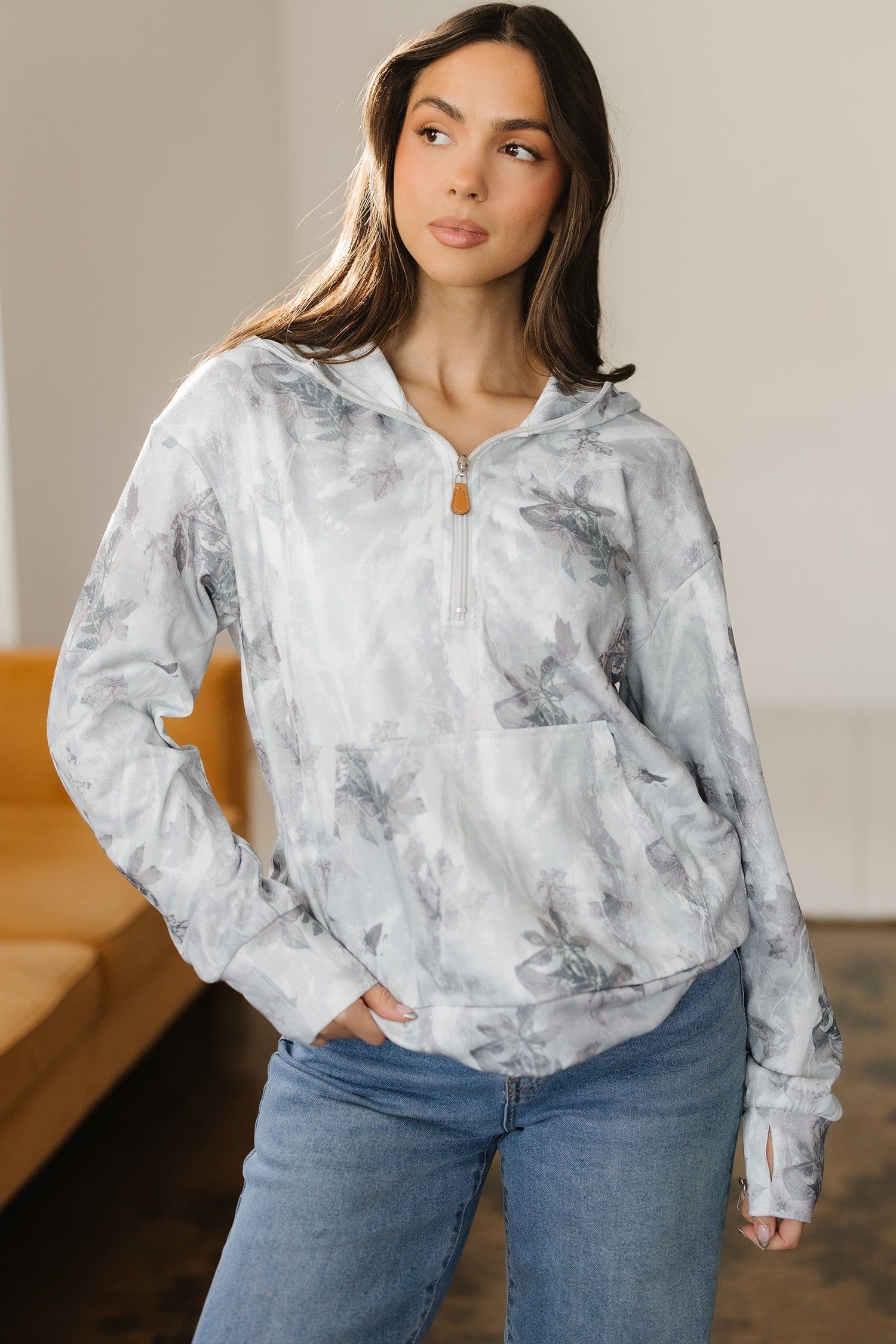 image-Gray Camo Leaf Print Quarter Zip Hoodie