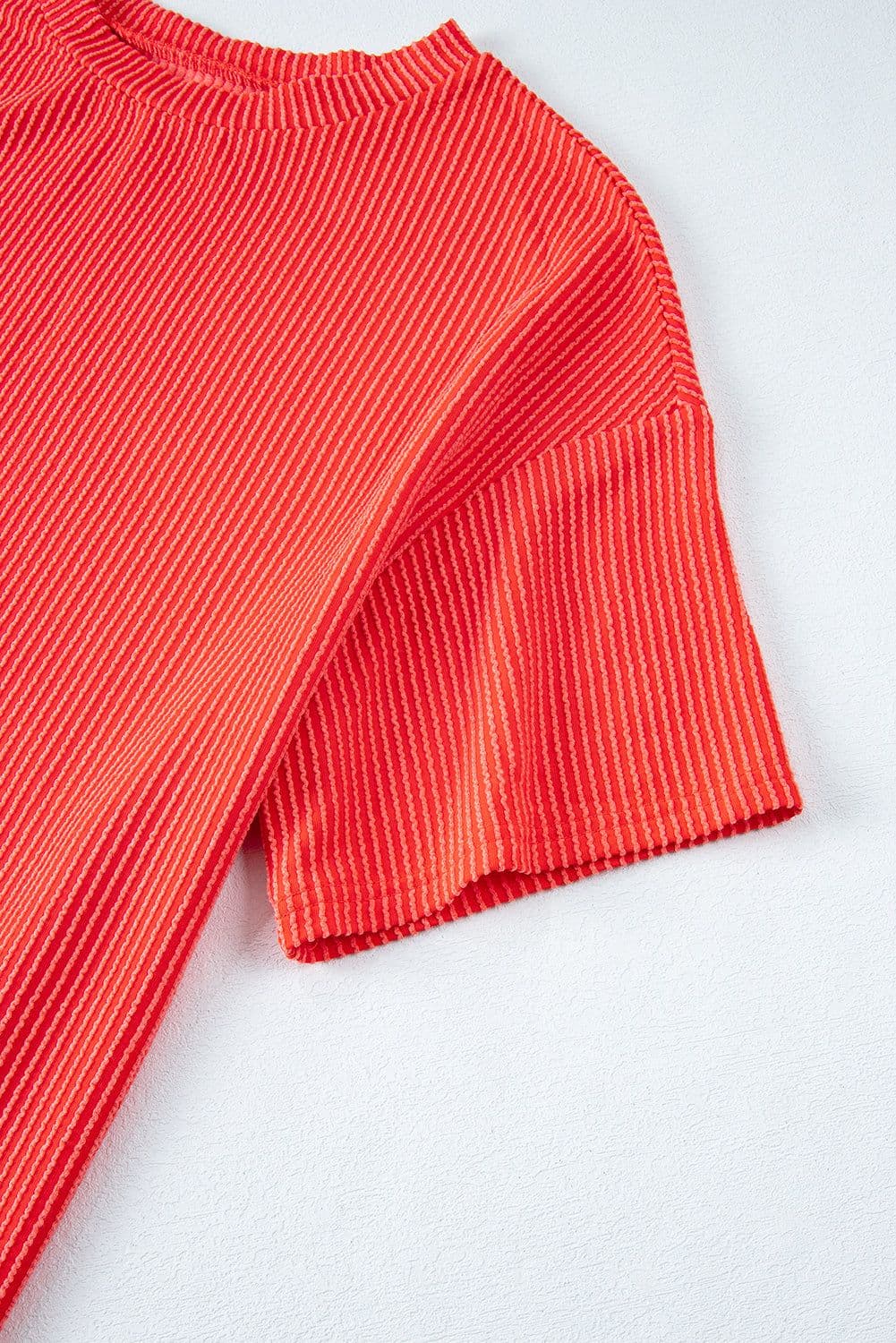 image-Orange Ribbed Textured Knit Loose Fit Tee and Shorts Set