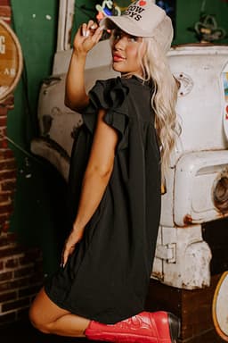 image-Black Ruffle Sleeve V Neck Frilled Shift Dress