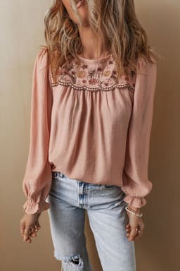 image-Pink Floral Embroidered Blouse - Flounce Sleeve Elegant Top