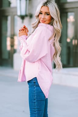 image-Sky Blue Striped Boyfriend Shirt with Pocket - Smocked Cuffs